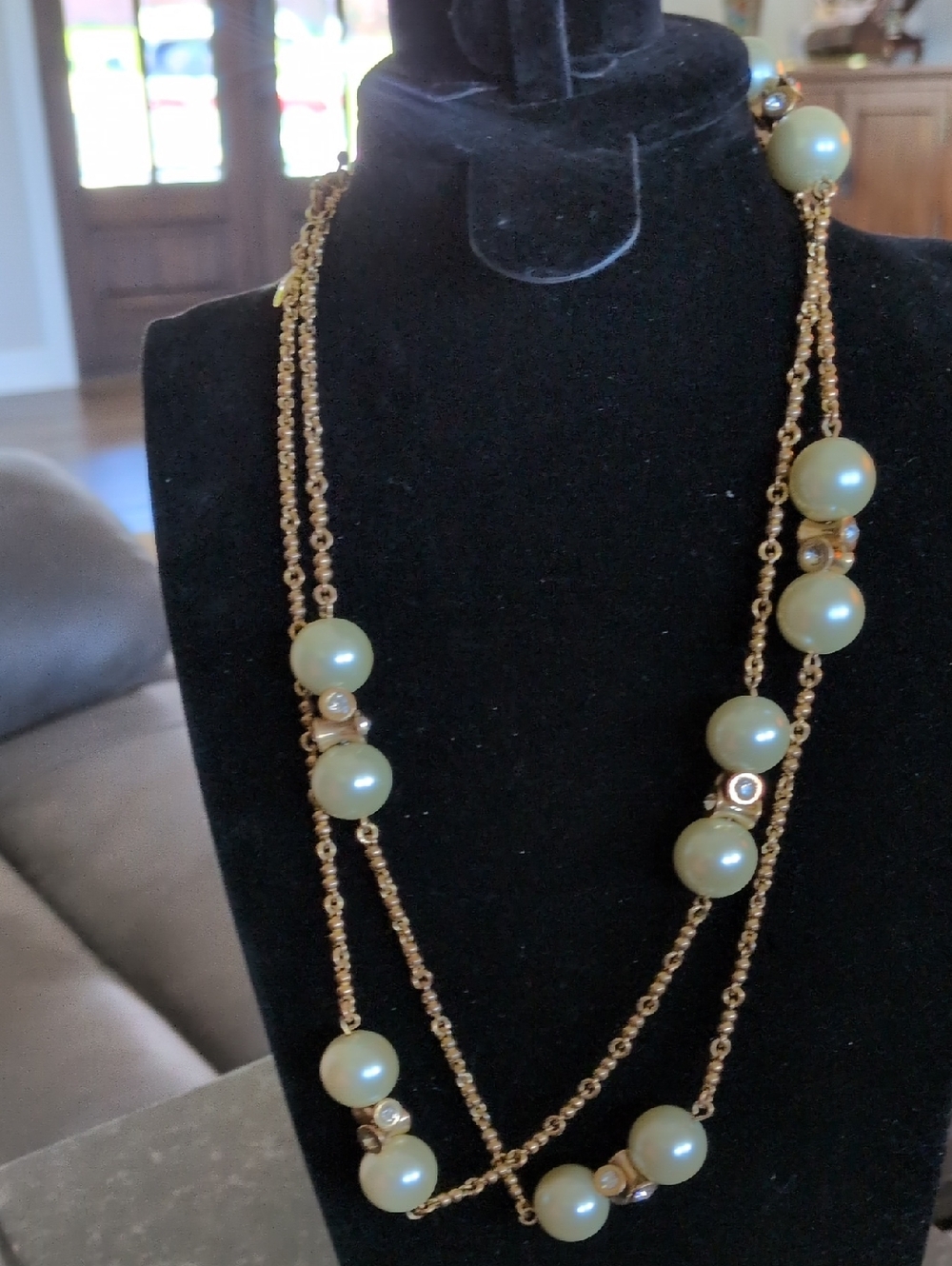 J. Crew Signed Vintage Pearl & Rhinestone Long Station Necklace – 34”